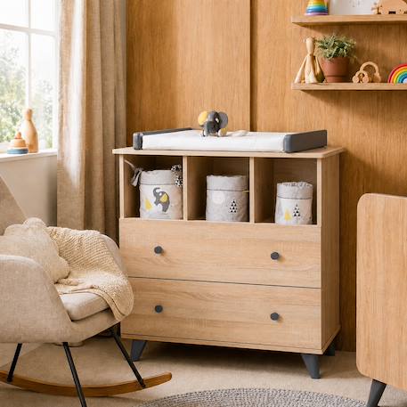 Chambre bébé duo: lit bébé 60x120 et commode à langer 2 tiroirs décor bois chêne - come Marron/gris 3 - vertbaudet enfant 