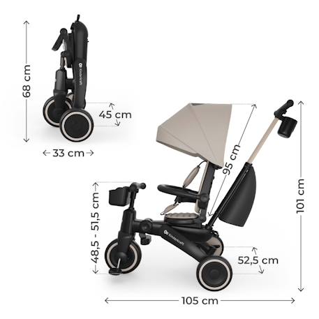 Tricycle Évolutif Kinderkraft JAZZ 3 Pliable avec Siège Pivotant, Position Semi-Allongée, Mode Draisienne et Capote UPF 50+ Beige+Gris+Rosa+Vert 6 - vertbaudet enfant 