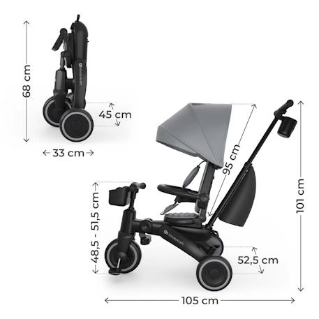 Tricycle Évolutif Kinderkraft JAZZ 3 Pliable avec Siège Pivotant, Position Semi-Allongée, Mode Draisienne et Capote UPF 50+ Beige+Gris+Rosa+Vert 24 - vertbaudet enfant 