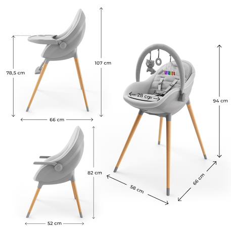 Chaise haute 3-en-1 FINI UP, évolutive transat et repas avec double plateau, harnais 5 points, réglable, insert nouveau-né, arche jouets, pieds bois, facile à nettoyer Gris 6 - vertbaudet enfant 