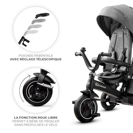 Tricycle Évolutif Kinderkraft EASYTWIST 5 en 1 avec Siège Rotatif 360°, Roues PU Increvables et Capote UPF50+ Beige+Gris+Noir+Vert 9 - vertbaudet enfant 