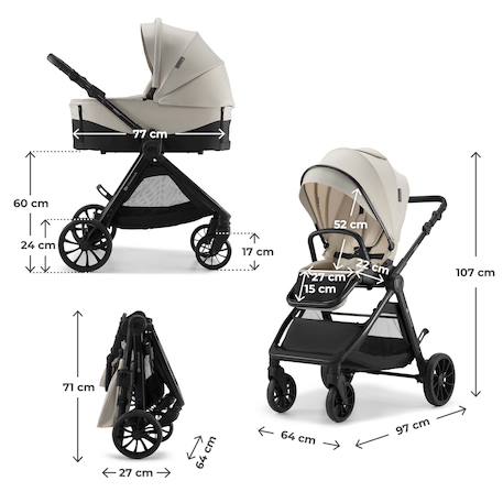 Poussette 2 en 1 Kinderkraft VESTO 2 memory buttons, nacelle ventilée 3 zones, pliage avec siège, éco?cuir, accessoires inclus Beige+Gris+Noir 6 - vertbaudet enfant 