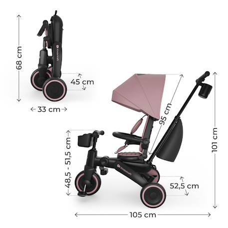 Tricycle Évolutif Kinderkraft JAZZ 3 Pliable avec Siège Pivotant, Position Semi-Allongée, Mode Draisienne et Capote UPF 50+ Beige+Gris+Rosa+Vert 18 - vertbaudet enfant 