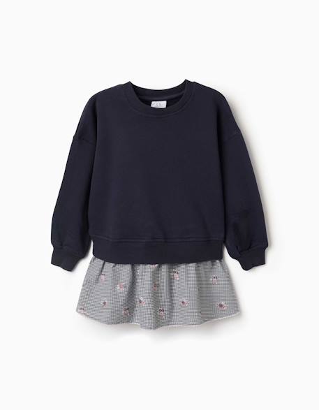 Fille-Robe bi-matière en coton avec motif vichy
