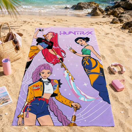 Serviette de bain et de plage imprimée 100% coton, kpop demon hunters tour Violet 2 - vertbaudet enfant 