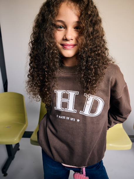 Sweat fille manches longues chocolat+gris 1 - vertbaudet enfant 