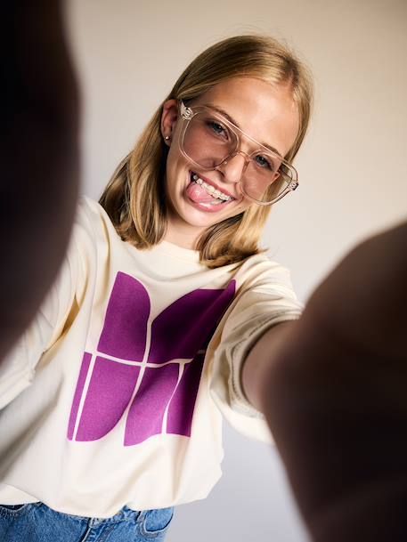 Sweat fille manches longues écru+vieux rose 2 - vertbaudet enfant 