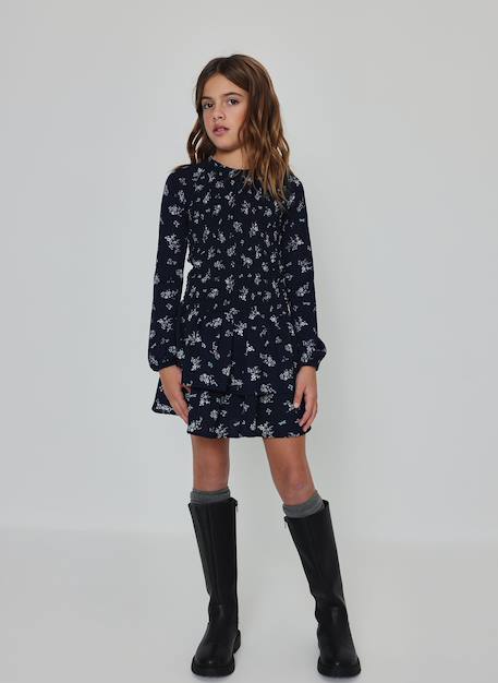 Fille-Robe en maille imprimé fleurs et libellules