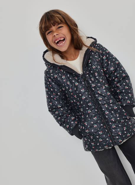 Fille-Manteau-Parka, blouson-Parka réversible fille imprimé fleurs