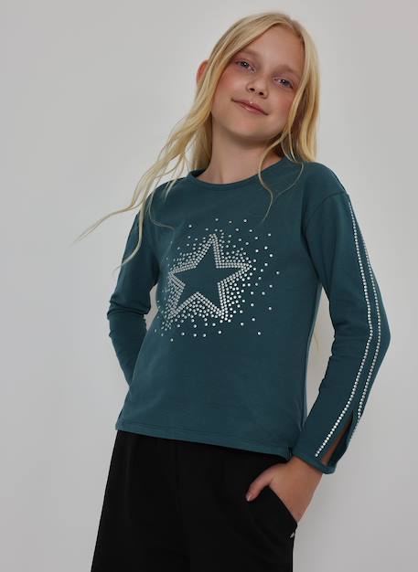 T-shirt fille en maille avec étoile en strass Vert 1 - vertbaudet enfant 