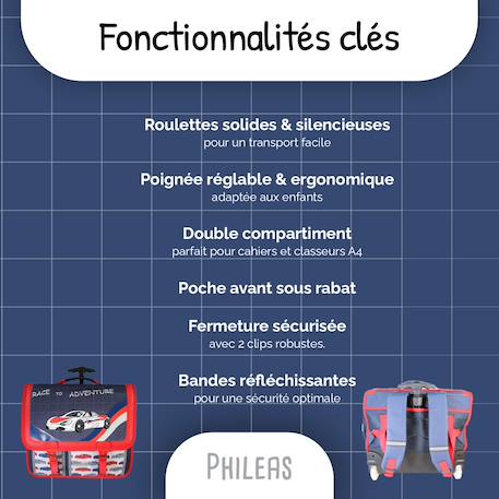 Cartable à roulettes 41 cm phileas – motif voiture – 2 compartiments Rouge et bleu 2 - vertbaudet enfant 
