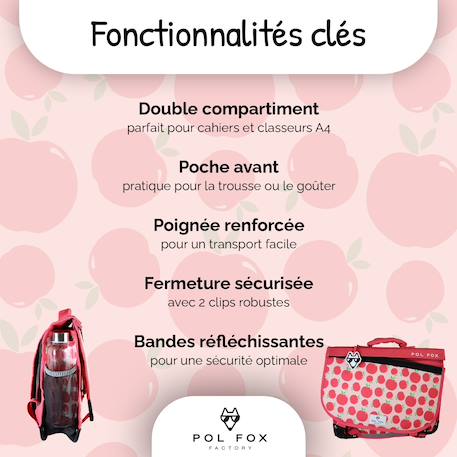 Cartable scolaire réversible 38 cm pol fox pompom – motif pomme – 2 compartiments Rose et rouge 2 - vertbaudet enfant 