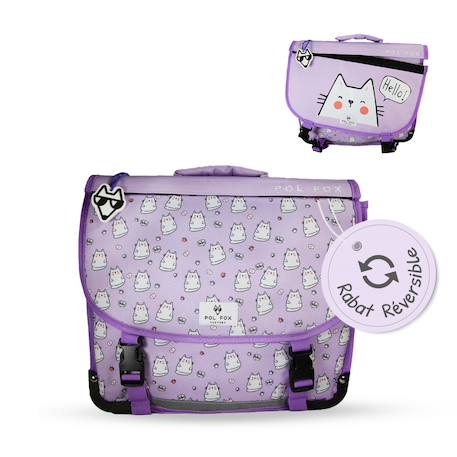 Fille-Cartable scolaire réversible 38 cm pol fox hello – motif chat – 2 compartiments