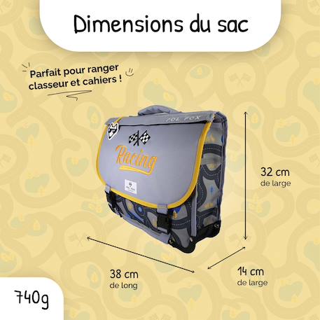 Cartable scolaire réversible 38 cm pol fox race – motif voiture – 2 compartiments Gris 3 - vertbaudet enfant 