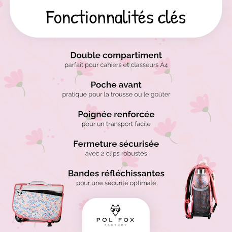 Cartable scolaire réversible 38 cm pol fox happy blush – motif fleurs – 2 compartiments Rose 2 - vertbaudet enfant 