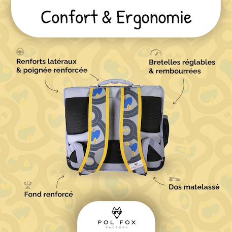 Cartable scolaire réversible 38 cm pol fox race – motif voiture – 2 compartiments Gris 4 - vertbaudet enfant 