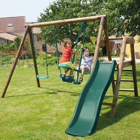 Portique en bois rond 3 agrès avec face à face et toboggan bas figue Marron 4 - vertbaudet enfant 