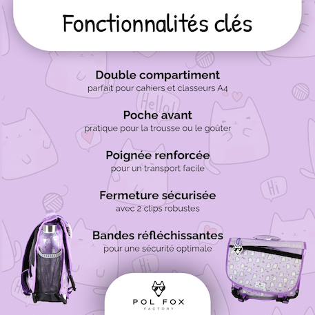 Cartable scolaire réversible 38 cm pol fox hello – motif chat – 2 compartiments Violet 2 - vertbaudet enfant 