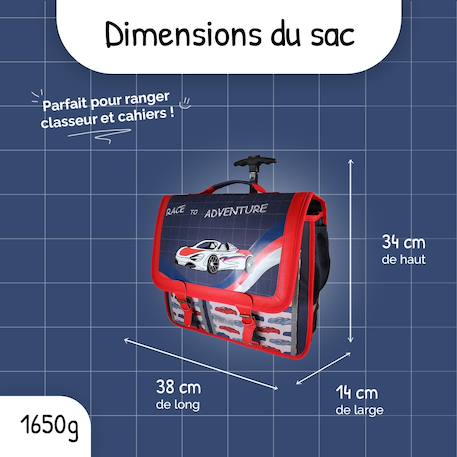 Cartable à roulettes 41 cm phileas – motif voiture – 2 compartiments Rouge et bleu 3 - vertbaudet enfant 