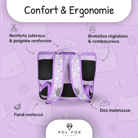 Cartable scolaire réversible 38 cm pol fox hello – motif chat – 2 compartiments Violet 4 - vertbaudet enfant 