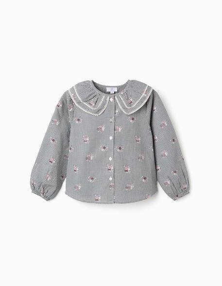 Fille-Chemise, blouse, tunique-Chemise en coton à motif vichy avec imprimé floral