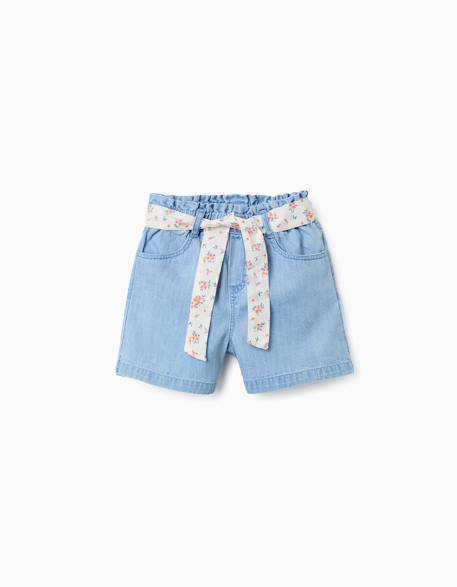 Short en jean avec ceinture à motif floral Bleu clair 2 - vertbaudet enfant 
