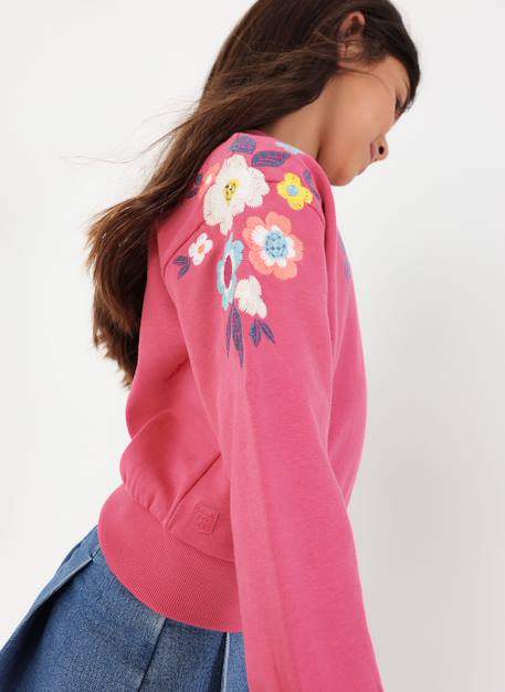 Sweat-shirt fille en molleton brodé fleurs Violet 2 - vertbaudet enfant 