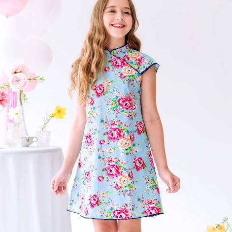 Fille-Robe col mao fille fleurie bleu turquoise | annam