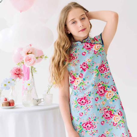 Robe col mao fille fleurie bleu turquoise | annam Bleu 2 - vertbaudet enfant 