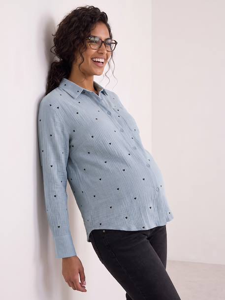 Chemise gaze de coton brodé FM grossesse et allaitement blanc+bleu chambray 7 - vertbaudet enfant 