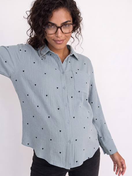 Chemise gaze de coton brodé FM grossesse et allaitement blanc+bleu chambray 9 - vertbaudet enfant 