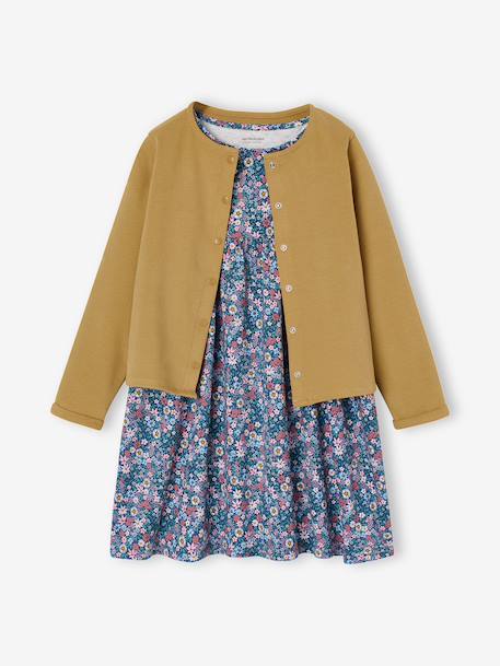 Ensemble fille cardigan et robe imprimée fleurs camel+jaune pâle+marine+vert de gris 10 - vertbaudet enfant 