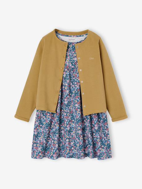 Ensemble fille cardigan et robe imprimée fleurs camel+jaune pâle+marine+vert de gris 16 - vertbaudet enfant 