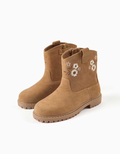Bottines en suéde avec fleurs brodées Marron 2 - vertbaudet enfant 