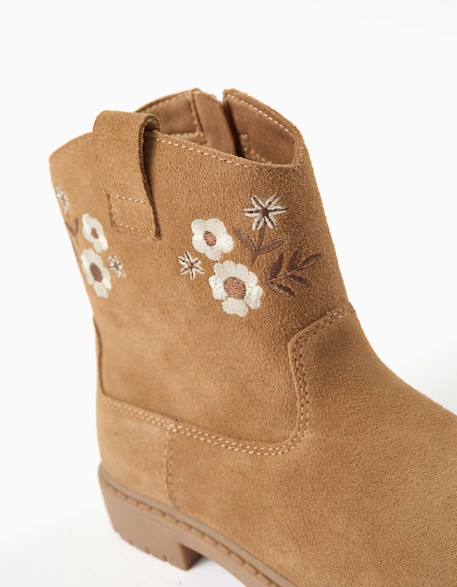 Bottines en suéde avec fleurs brodées Marron 4 - vertbaudet enfant 
