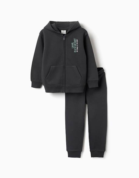 Ensemble sweat zippé à capuche et pantalon de jogging en coton peigné Gris foncé 1 - vertbaudet enfant 