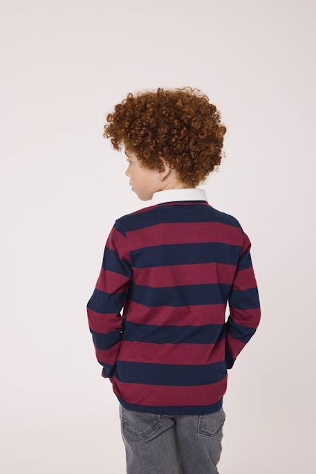 Polo manches longues 100% coton garçon Fond indigo raye bordeaux 3 - vertbaudet enfant 