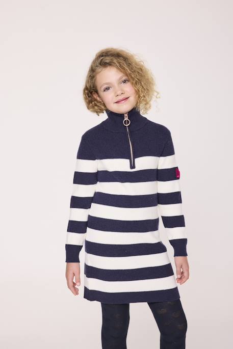 Robe manches longues fille Fond indigo raye blanc casse 2 - vertbaudet enfant 