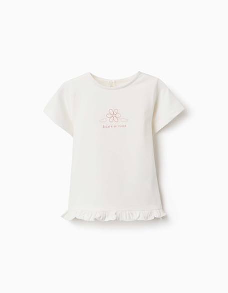 T-shirt en coton avec imprimé et ourlet à volants Blanc+Rose clair 1 - vertbaudet enfant 