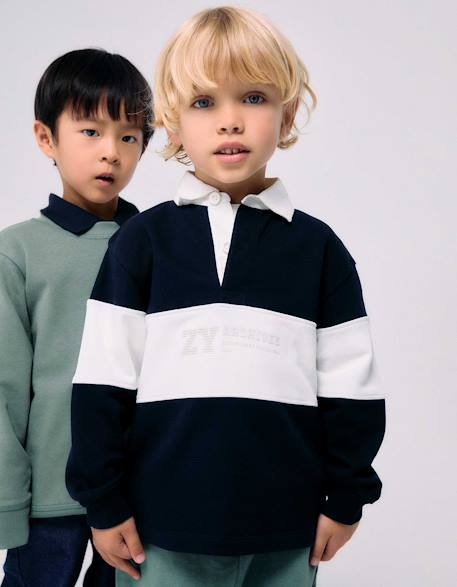 Sweat avec col polo et bloc de couleurs Bleu foncé 1 - vertbaudet enfant 