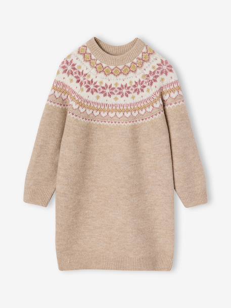 Robe fille manches longues camel+rose poudré+vert sauge 1 - vertbaudet enfant 
