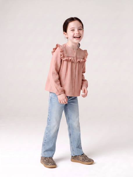 Chemise manches longues fille bleu ardoise+rose poudré+vanille 12 - vertbaudet enfant 