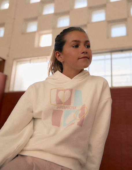 Sweat en coton à capuche avec imprimé cœur Blanc 1 - vertbaudet enfant 