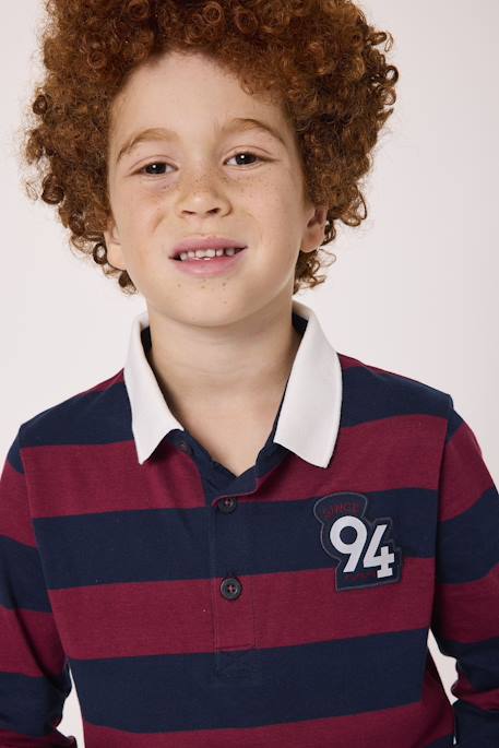 Polo manches longues 100% coton garçon Fond indigo raye bordeaux 2 - vertbaudet enfant 