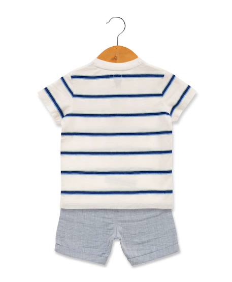 Ensemble short + haut 100% coton bébé garçon Fond blanc raye bleu 2 - vertbaudet enfant 