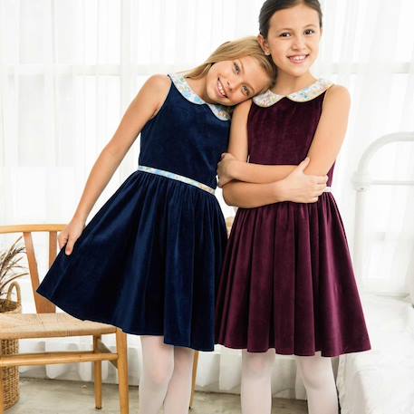 Robe fille en velours & col claudine liberty hepburn Bordeaux col liberty pastel 2 - vertbaudet enfant 