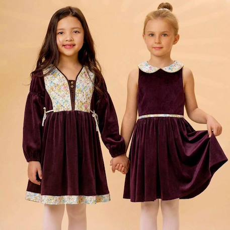 Robe fille en velours & col claudine liberty hepburn Bordeaux col liberty pastel 6 - vertbaudet enfant 