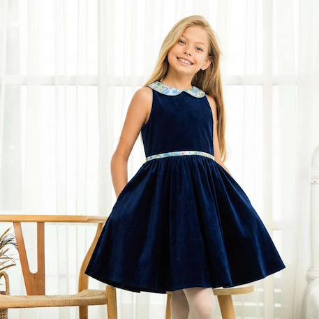 Robe fille en velours hepburn Bleu marine fleuri bleu ciel 1 - vertbaudet enfant 