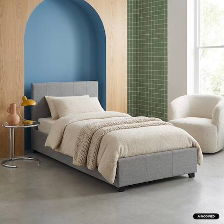 Lit coffre avec sommier à lattes et tête de lit, l 202 x p 97,5 x h 86cm, finition tissu Beige+Gris clair 7 - vertbaudet enfant 