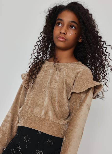 Sweat-shirt fille à volants sur les épaules Beige 1 - vertbaudet enfant 